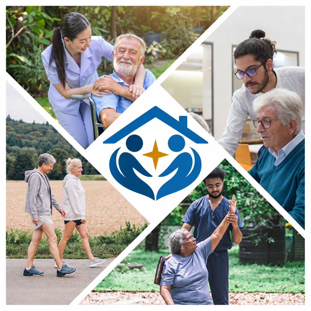 Caregivers supporting older adults around the Guardian Senior Care emblem